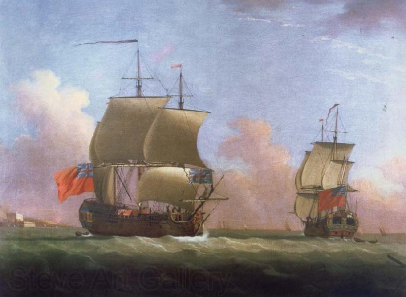 Monamy, Peter THe Ship rigged royal yacht Dublin in two positions France oil painting art